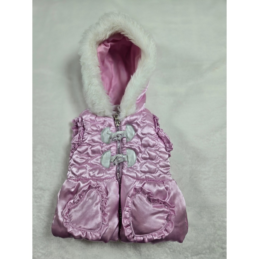 Little Lass Baby Girls Pink Heart Quilted Puffer Vest‎ Faux Fur Hood 0-3M